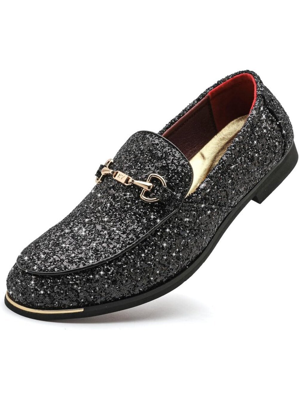 🆕Men Black Rubber Velvet Leather Glitter With Gold Buckle Loafers Slip On Shoes